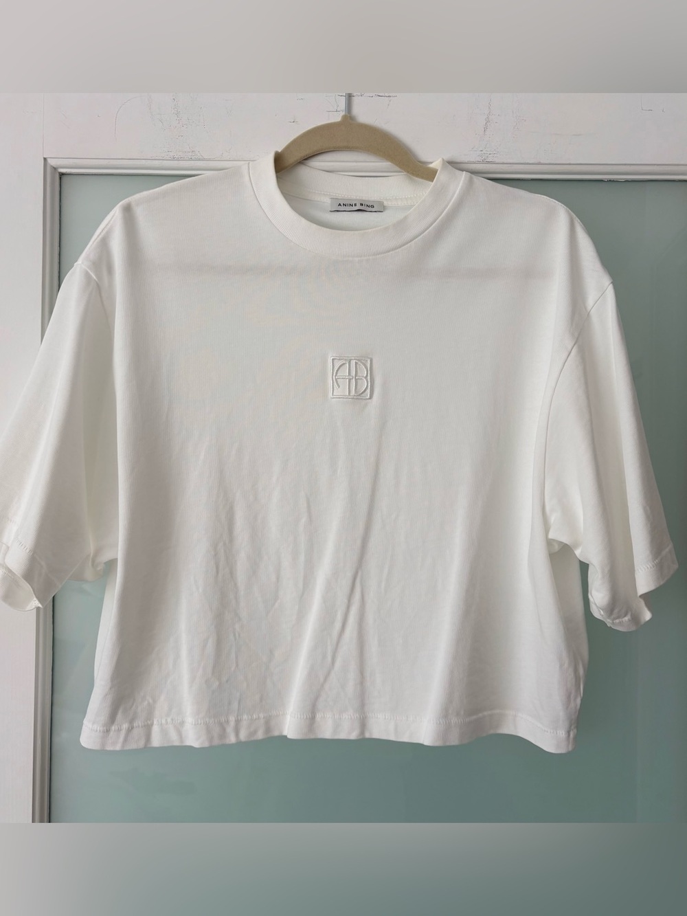 ANINE BING Ivory AB Monogram Oversized Boxy T-Shirt Minimalist Luxury Tee